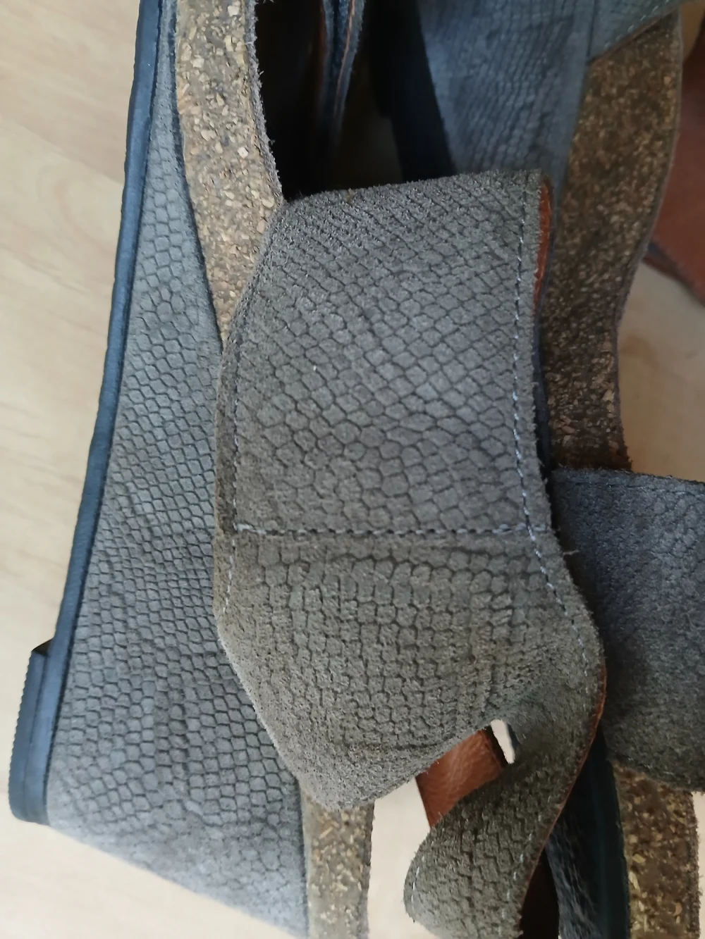 Taos Footwear Gray Suede Slide Sandals with Brass Accents 9-9.5